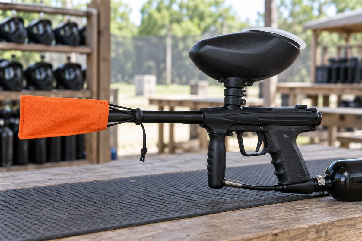 High-visibility barrel sock fitted securely over a paintball marker barrel