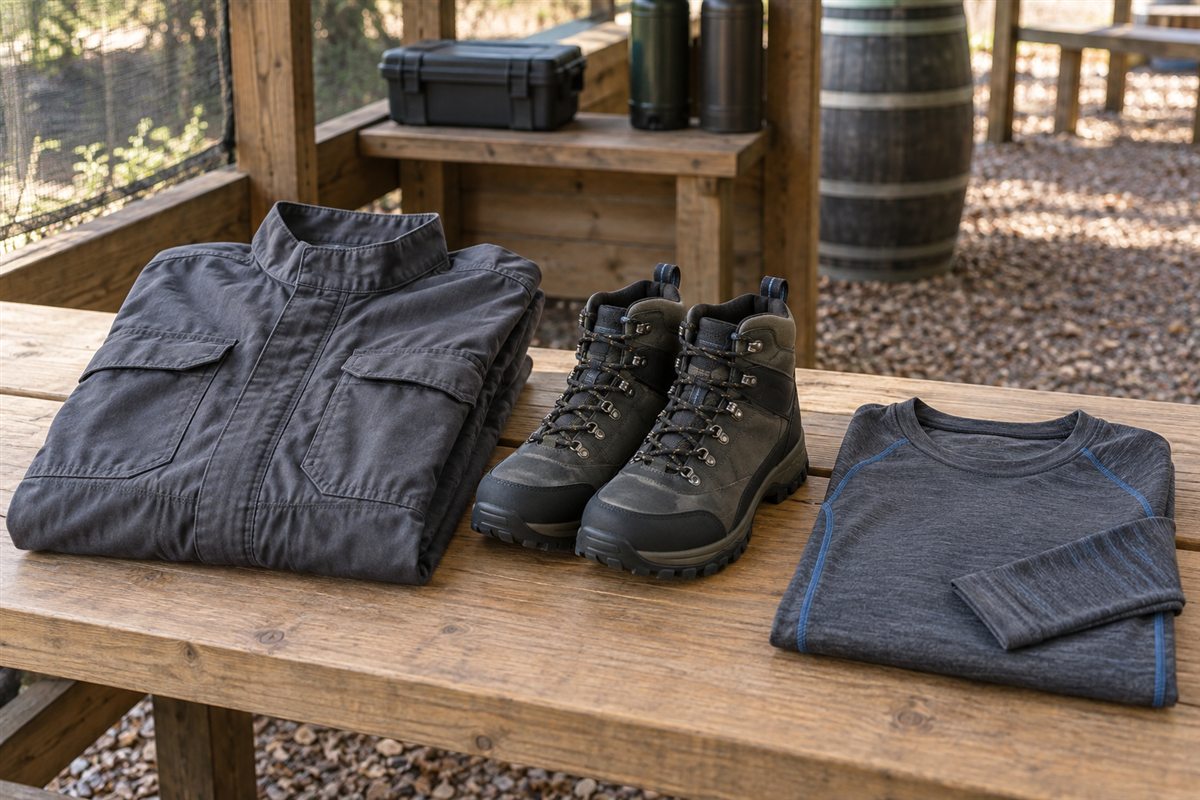 Plain paintball overalls, sturdy closed-toe boots and a long-sleeved base layer arranged on a bench