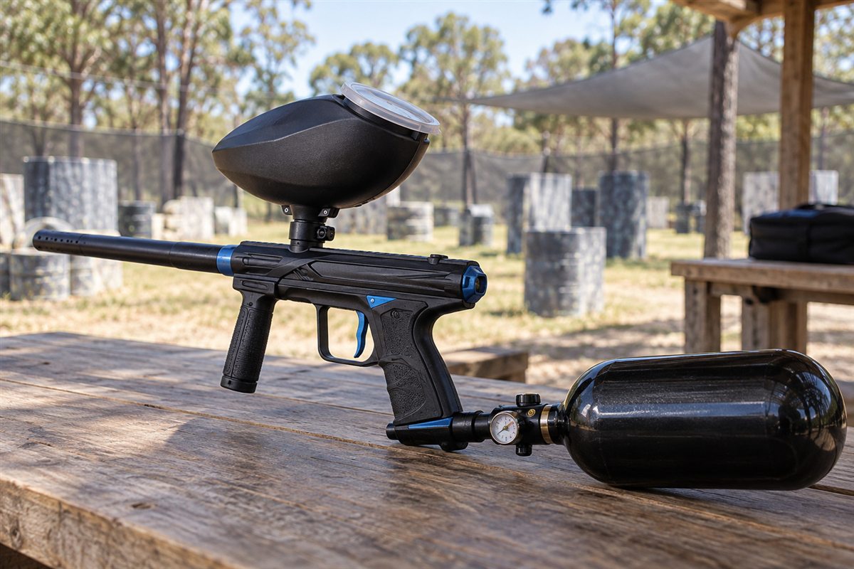 Brand-neutral paintball marker with hopper and compressed-air tank resting safely on a staging bench