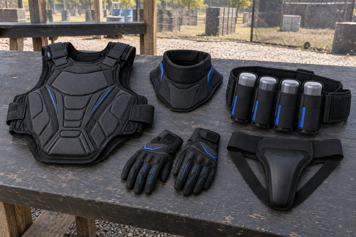Optional paintball chest protector, neck guard, gloves, pod harness and groin protection arranged on a bench